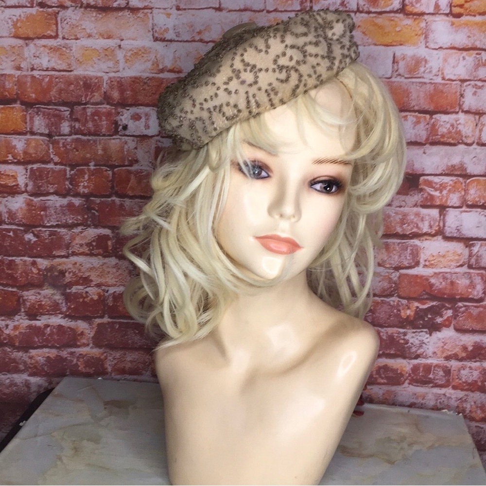 Vintage MCM Tan and Amber Beaded Satin Pillbox Hat